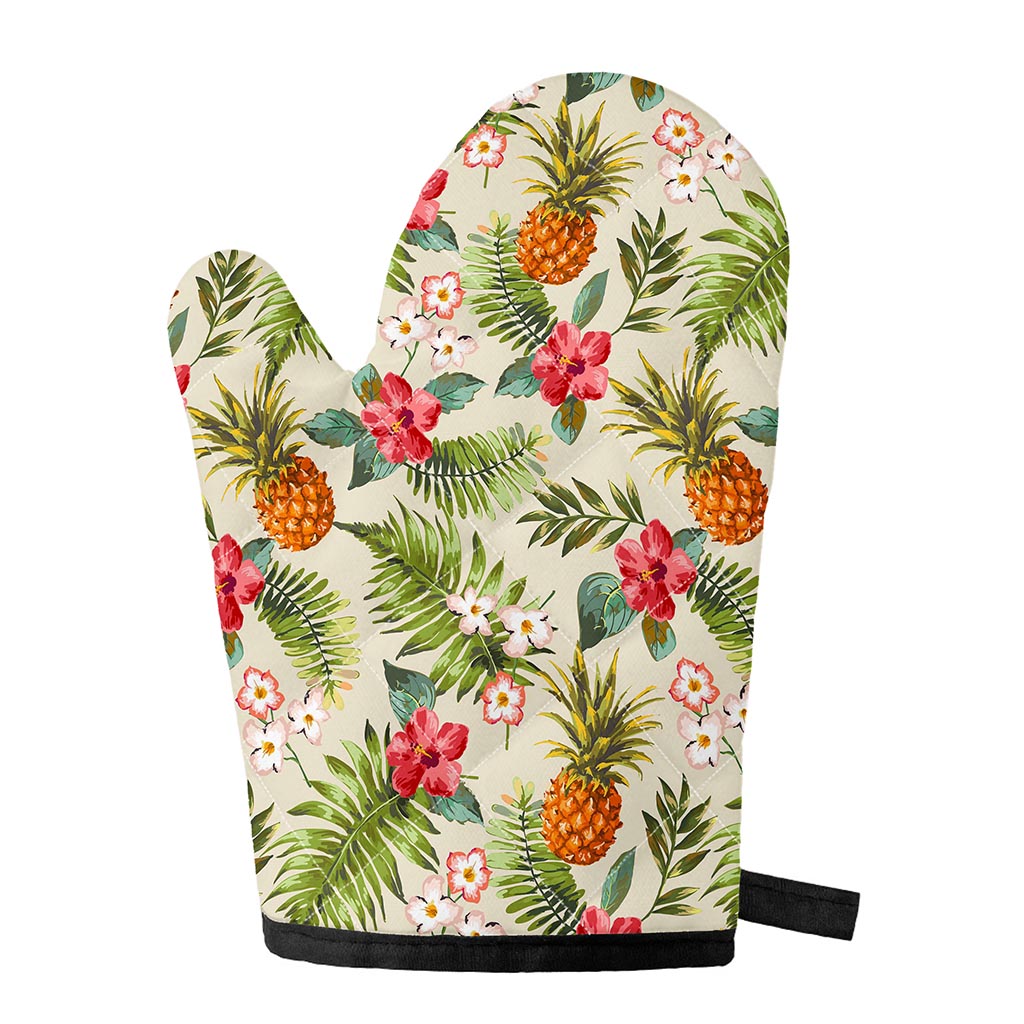 White Aloha Pineapple Pattern Print Single Oven Mitt