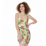 White Aloha Pineapple Pattern Print Sleeveless Bodycon Dress