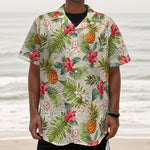 White Aloha Pineapple Pattern Print Textured Short Sleeve Shirt
