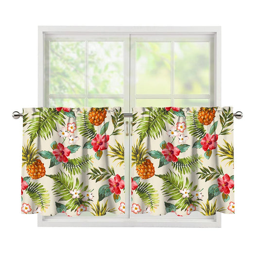 White Aloha Pineapple Pattern Print Tier Curtains