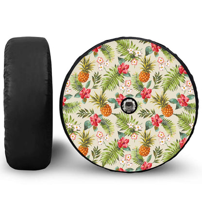 White Aloha Pineapple Pattern Print Tire Cover With Camera Hole