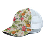 White Aloha Pineapple Pattern Print White Mesh Trucker Cap