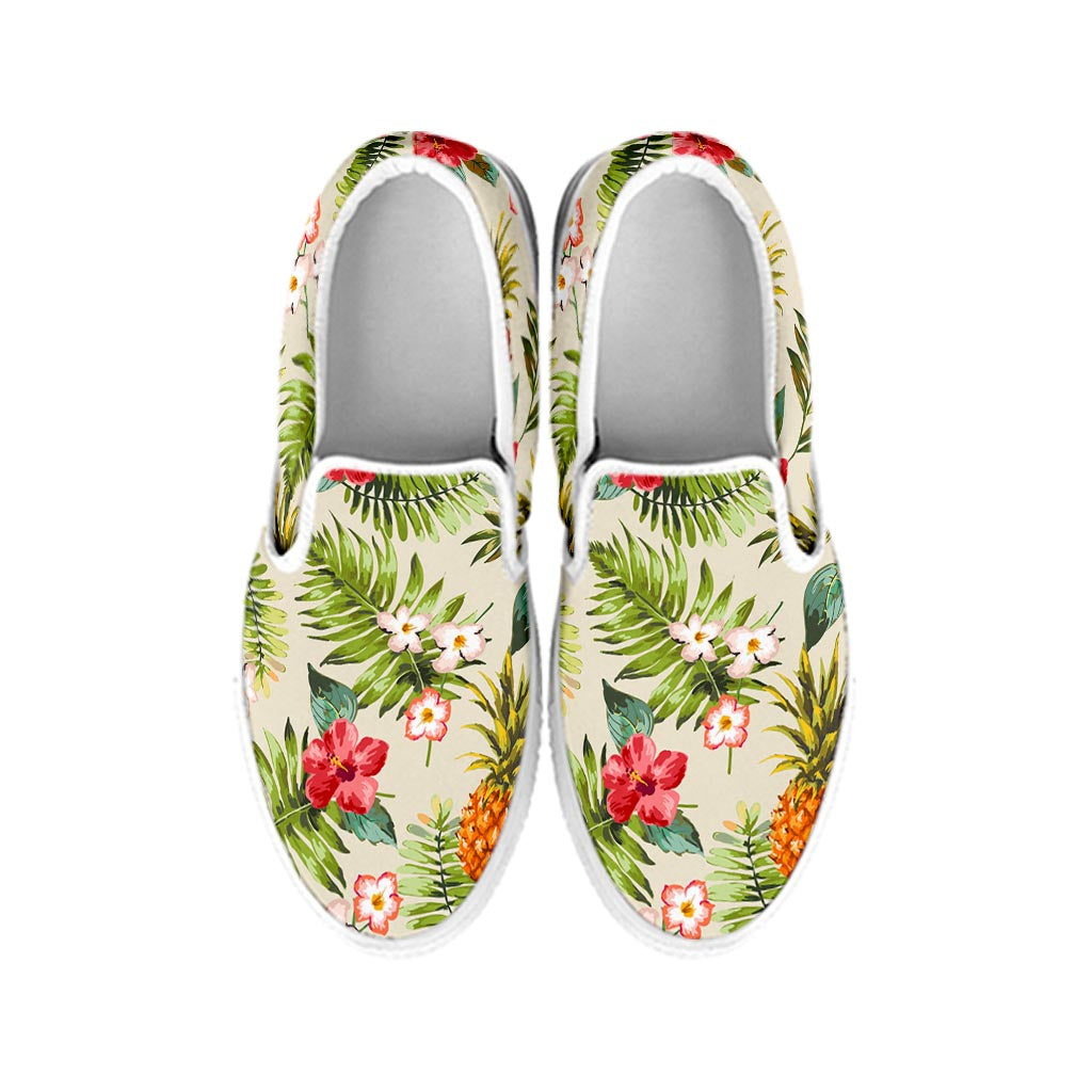 White Aloha Pineapple Pattern Print White Slip On Sneakers