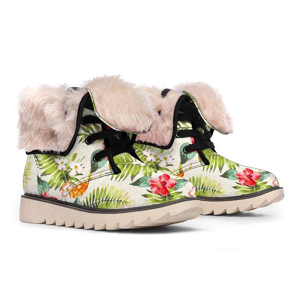 White Aloha Pineapple Pattern Print Winter Boots