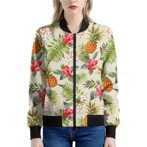 White Aloha Pineapple Pattern Print Women's Bomber Jacket