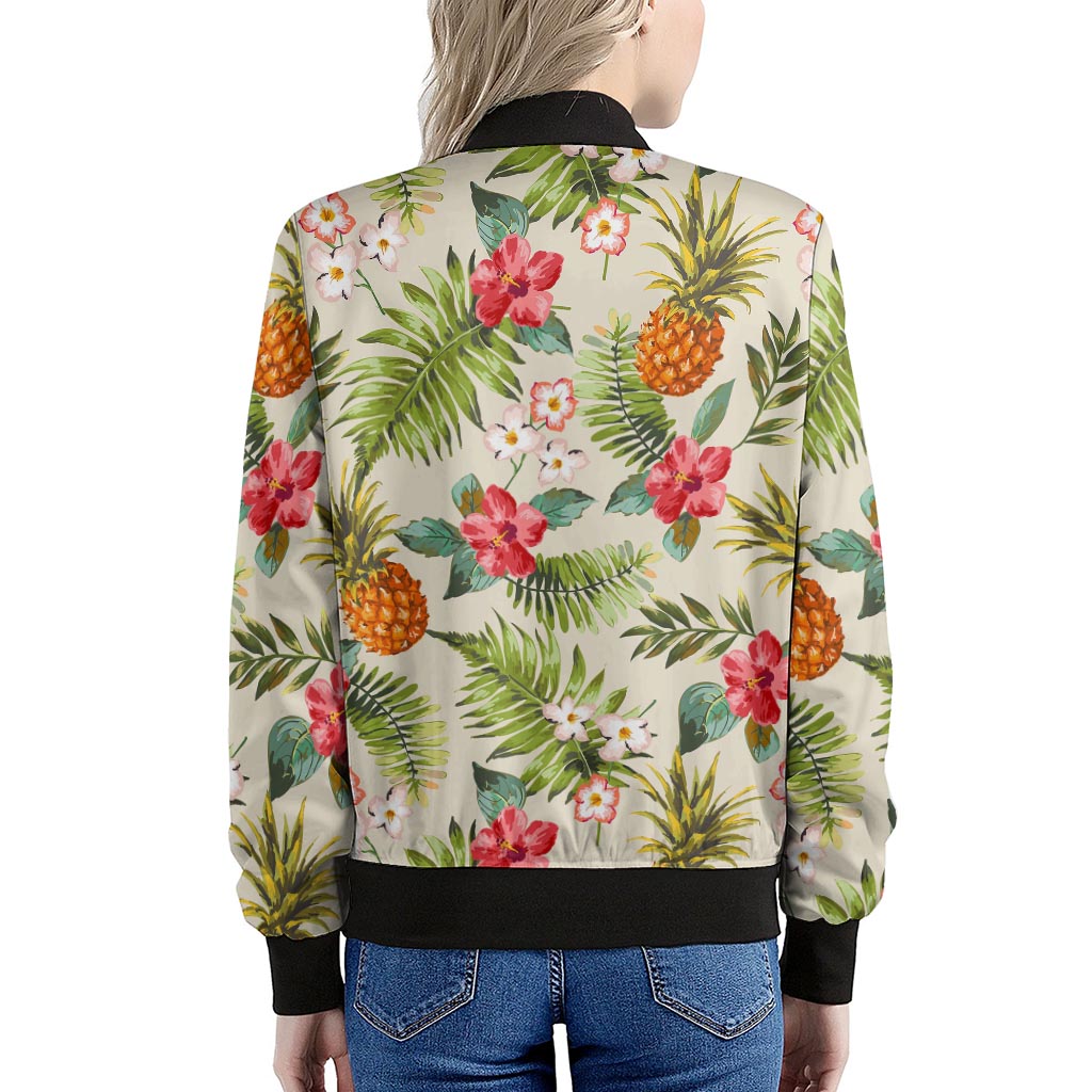 White Aloha Pineapple Pattern Print Women's Bomber Jacket