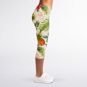 White Aloha Pineapple Pattern Print Women's Capri Leggings