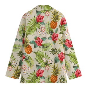 White Aloha Pineapple Pattern Print Women's Cotton Blazer