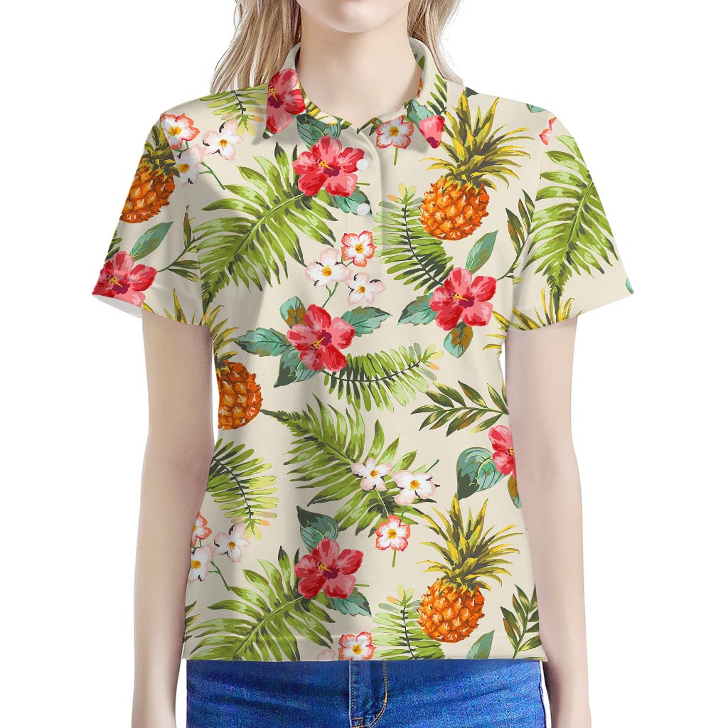 White Aloha Pineapple Pattern Print Women's Polo Shirt