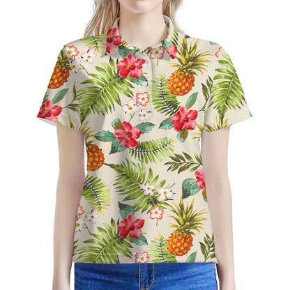 White Aloha Pineapple Pattern Print Women's Polo Shirt