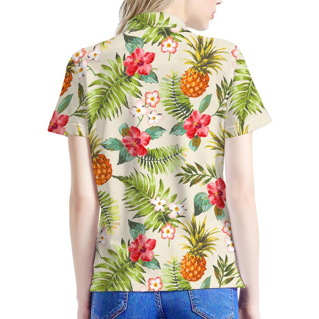 White Aloha Pineapple Pattern Print Women's Polo Shirt