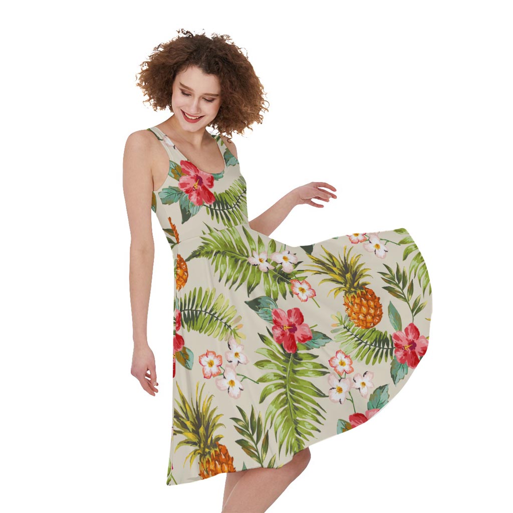 White Aloha Pineapple Pattern Print Women's Sleeveless Dress