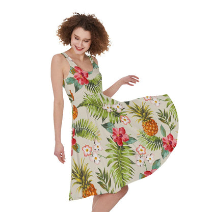 White Aloha Pineapple Pattern Print Women's Sleeveless Dress