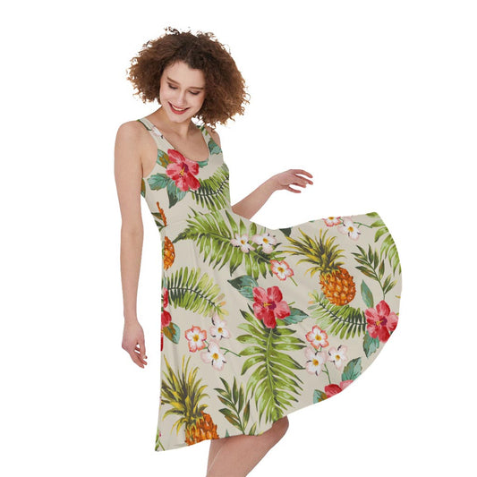 White Aloha Pineapple Pattern Print Women's Sleeveless Dress