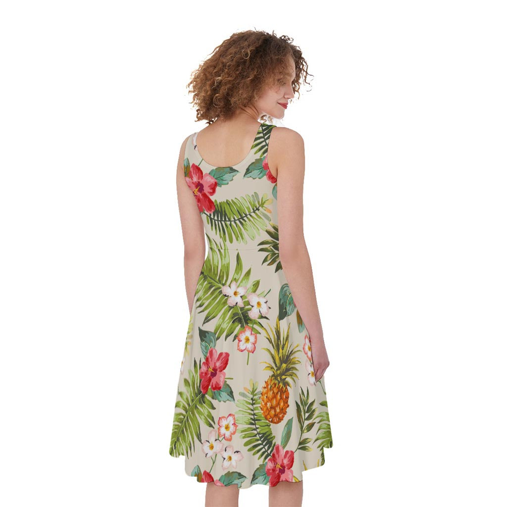 White Aloha Pineapple Pattern Print Women's Sleeveless Dress