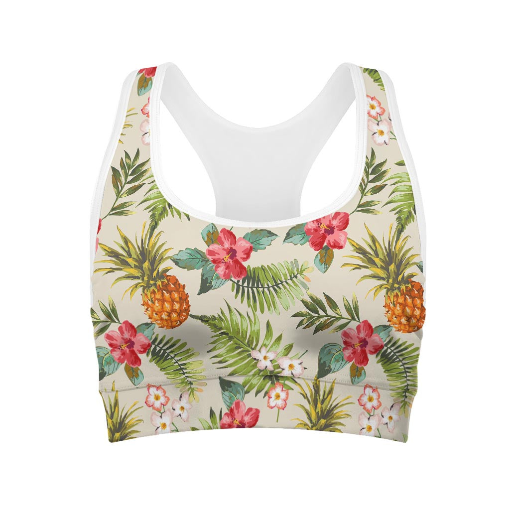 White Aloha Pineapple Pattern Print Women's Sports Bra