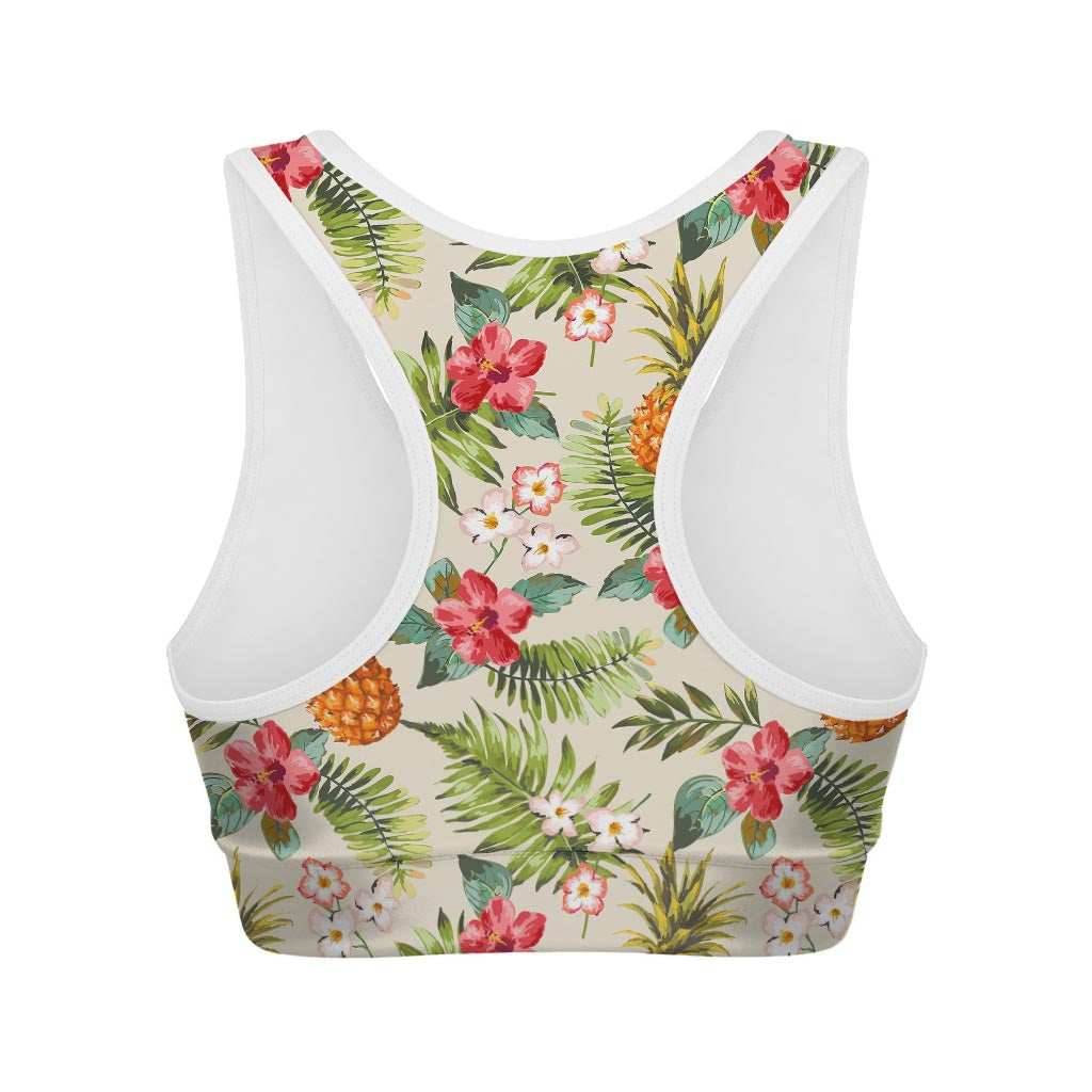 White Aloha Pineapple Pattern Print Women's Sports Bra