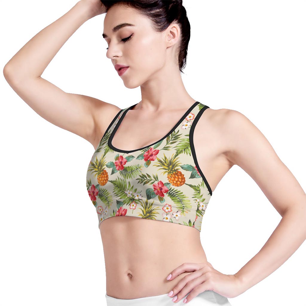 White Aloha Pineapple Pattern Print Women's Sports Bra