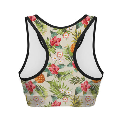 White Aloha Pineapple Pattern Print Women's Sports Bra