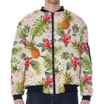 White Aloha Pineapple Pattern Print Zip Sleeve Bomber Jacket