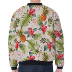 White Aloha Pineapple Pattern Print Zip Sleeve Bomber Jacket