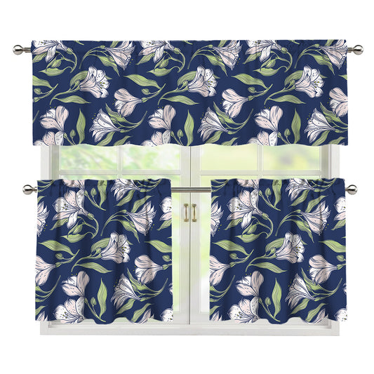 White Alstroemeria Pattern Print 3 Piece Kitchen Curtains