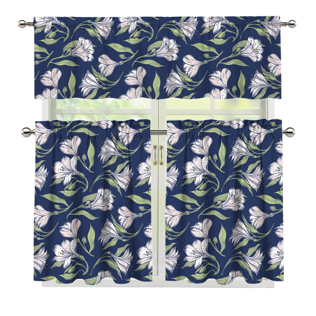 White Alstroemeria Pattern Print 3 Piece Kitchen Curtains
