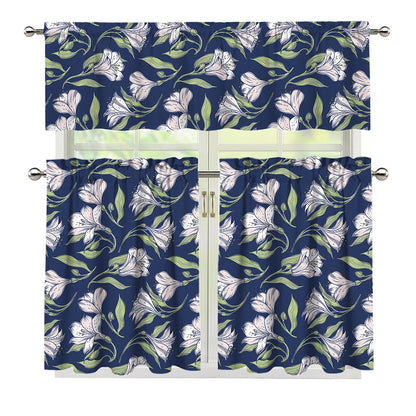 White Alstroemeria Pattern Print 3 Piece Kitchen Curtains