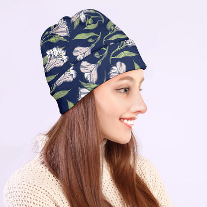 White Alstroemeria Pattern Print Beanie