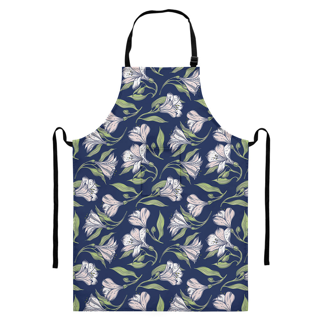 White Alstroemeria Pattern Print Bib Apron With Pocket