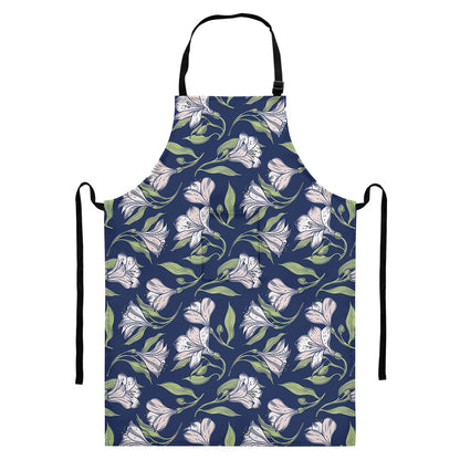White Alstroemeria Pattern Print Bib Apron With Pocket