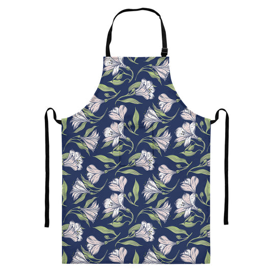 White Alstroemeria Pattern Print Bib Apron With Pocket