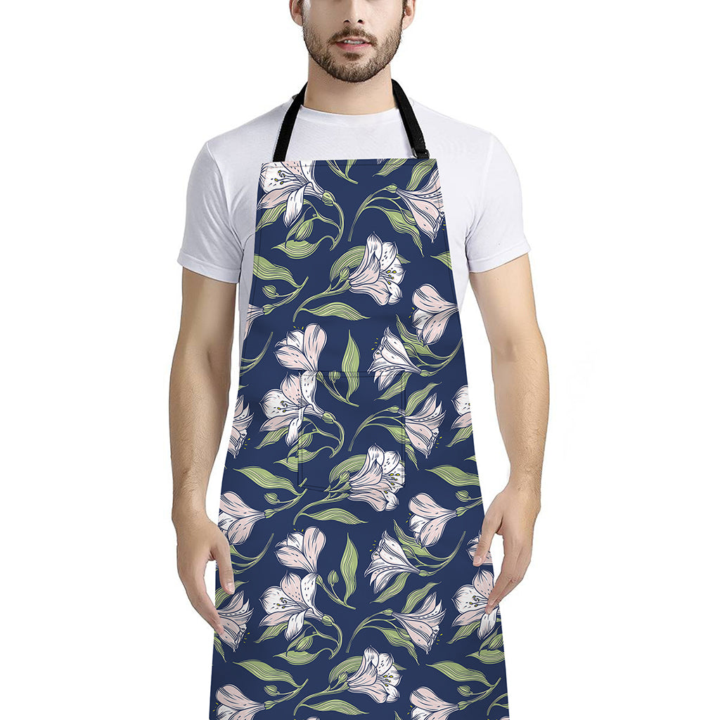 White Alstroemeria Pattern Print Bib Apron With Pocket