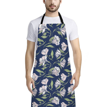 White Alstroemeria Pattern Print Bib Apron With Pocket