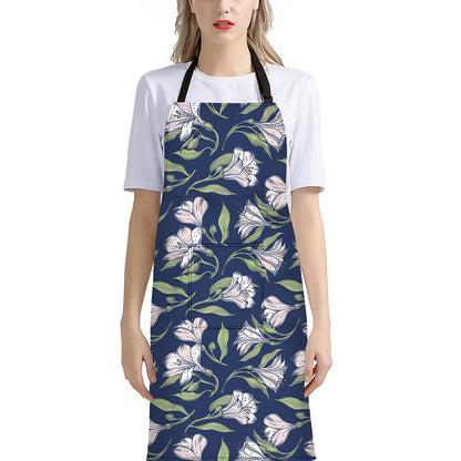 White Alstroemeria Pattern Print Bib Apron With Pocket