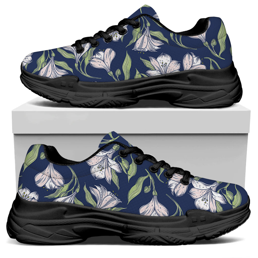 White Alstroemeria Pattern Print Black Chunky Shoes