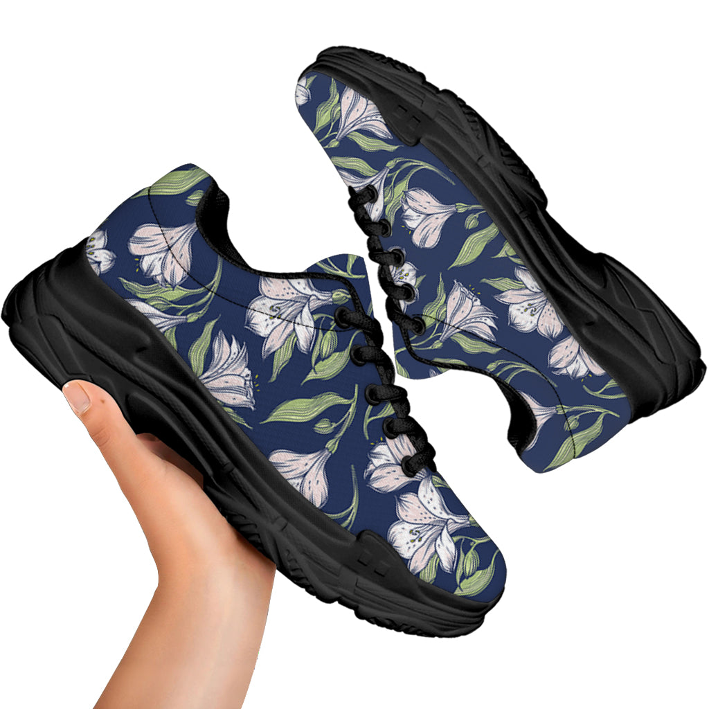 White Alstroemeria Pattern Print Black Chunky Shoes