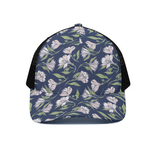 White Alstroemeria Pattern Print Black Mesh Trucker Cap