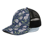 White Alstroemeria Pattern Print Black Mesh Trucker Cap