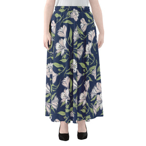 White Alstroemeria Pattern Print Chiffon Maxi Skirt