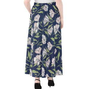 White Alstroemeria Pattern Print Chiffon Maxi Skirt