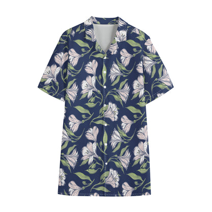 White Alstroemeria Pattern Print Cotton Hawaiian Shirt