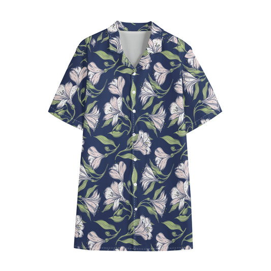White Alstroemeria Pattern Print Cotton Hawaiian Shirt