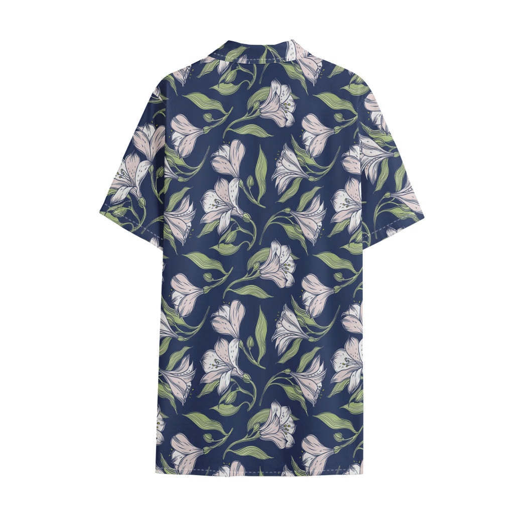 White Alstroemeria Pattern Print Cotton Hawaiian Shirt