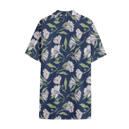 White Alstroemeria Pattern Print Cotton Hawaiian Shirt