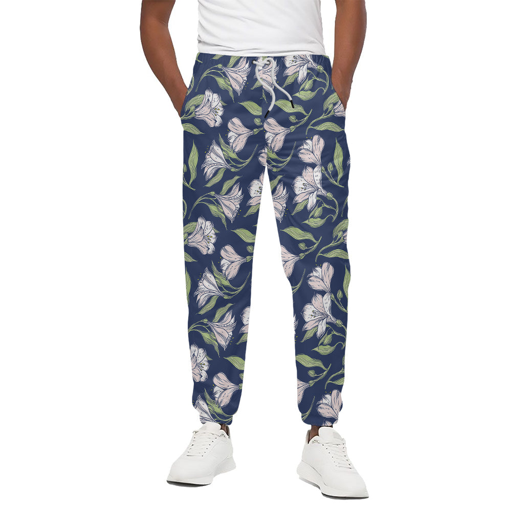 White Alstroemeria Pattern Print Cotton Pants