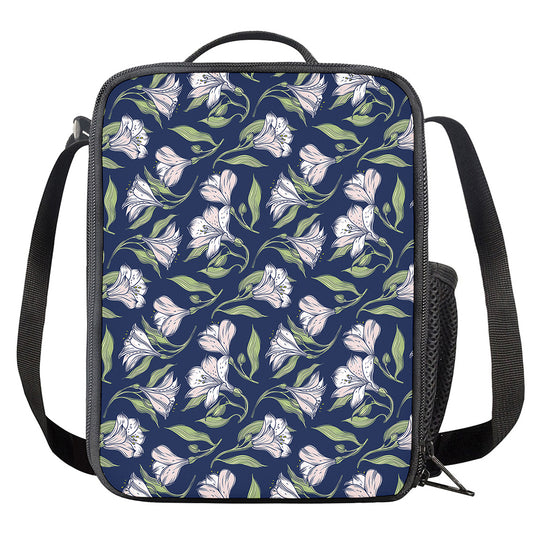 White Alstroemeria Pattern Print Crossbody Lunch Bag