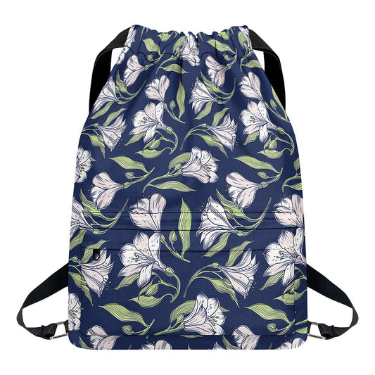 White Alstroemeria Pattern Print Drawstring Backpack