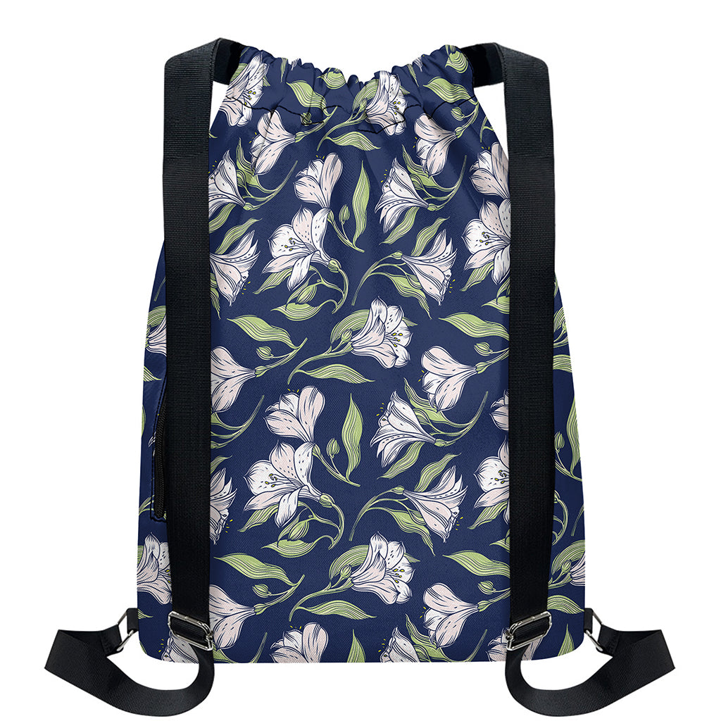 White Alstroemeria Pattern Print Drawstring Backpack