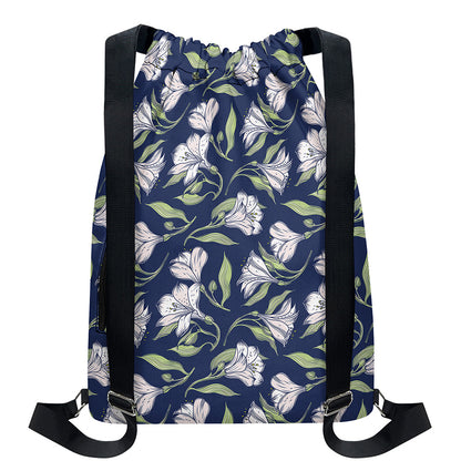 White Alstroemeria Pattern Print Drawstring Backpack